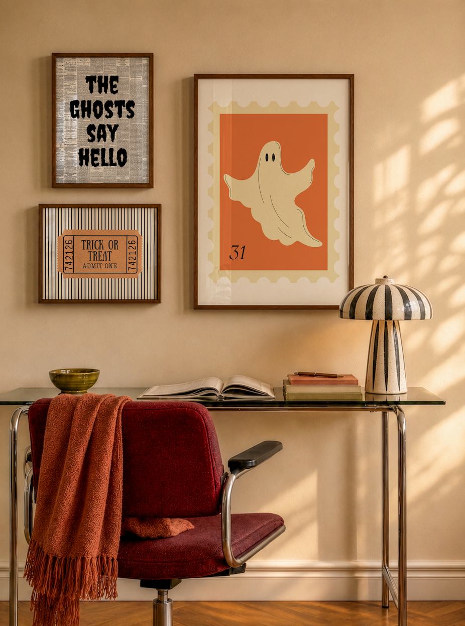 Set of five Halloween prints featuring a ghost postage stamp, bold newspaper-style lettering, a spooky season banner, a trick-or-treat ticket, and a jack-o'-lantern skeleton