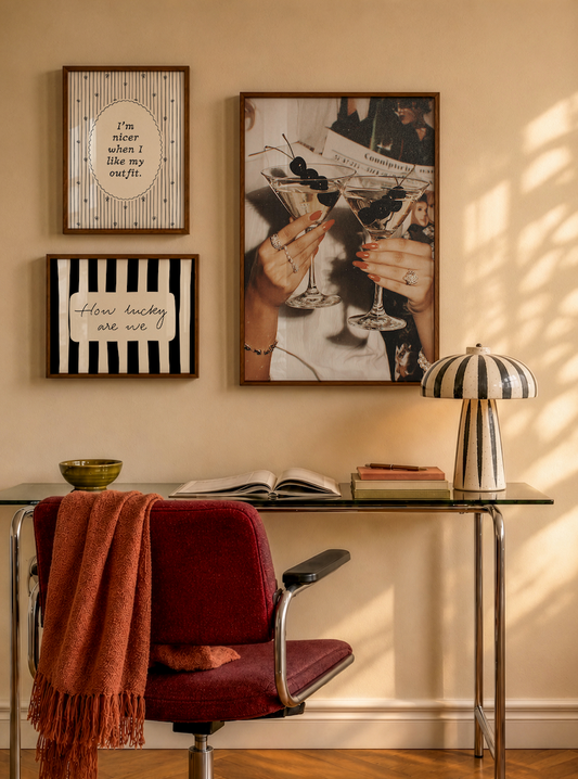 Set of 3 vintage fashion editorial prints: a photograph of two hands clinking martini glasses garnished with cherries, "I'm nicer when I like my outfit" in a scalloped oval frame, and "How lucky are we" on bold black and white stripes.