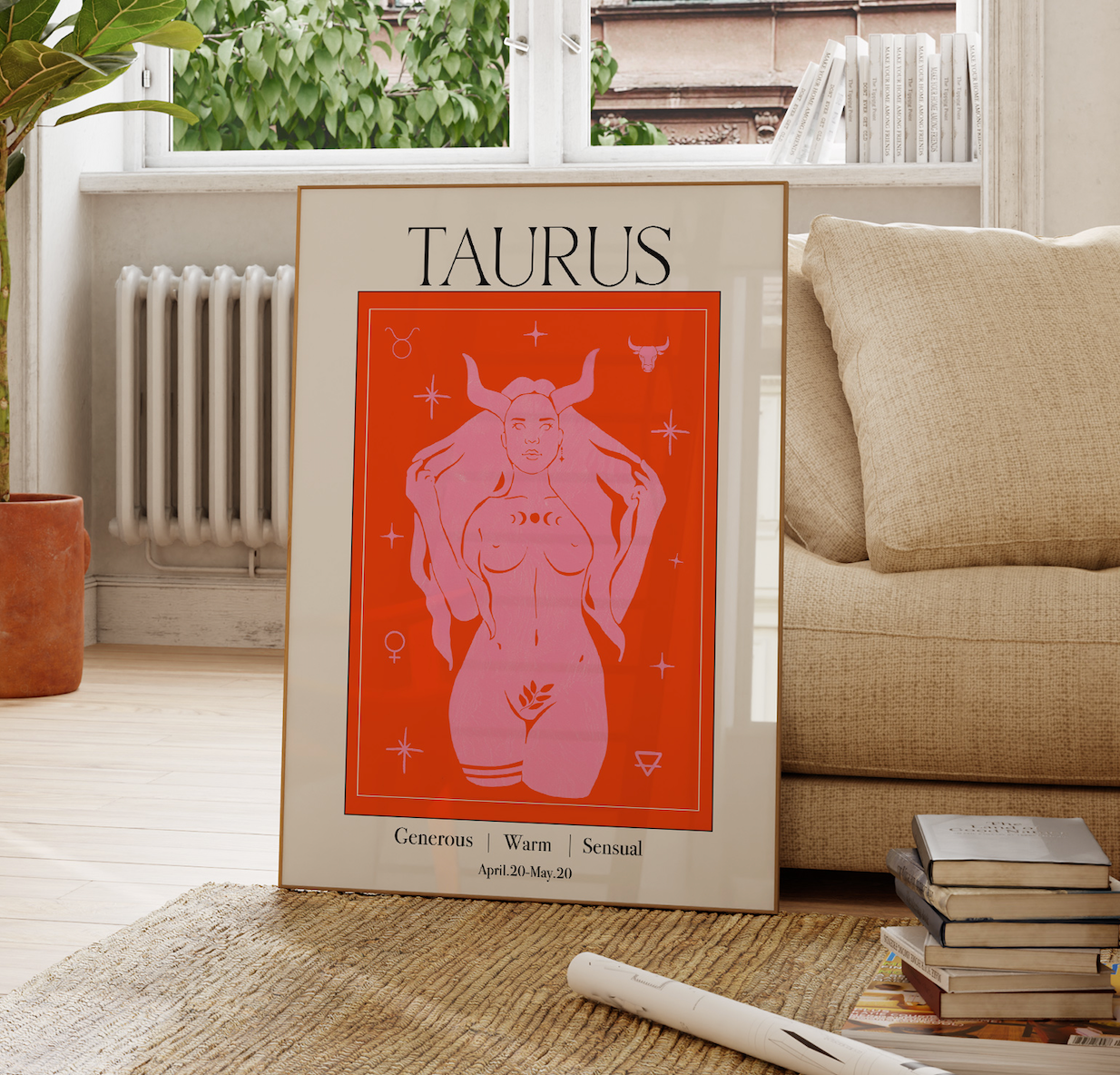 Retro Taurus Zodiac Goddess Art Print, Boho Taurus Wall Art