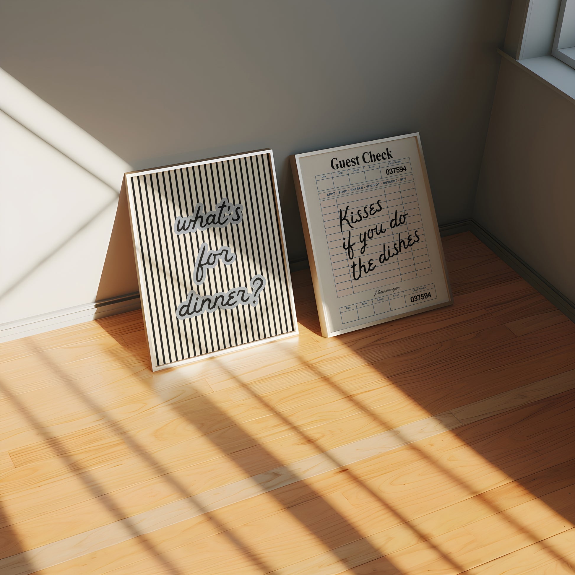 Set of two kitchen prints: "What's for dinner?" in bold striped typography, and "Kisses if you do the dishes" styled as a vintage guest check ticket