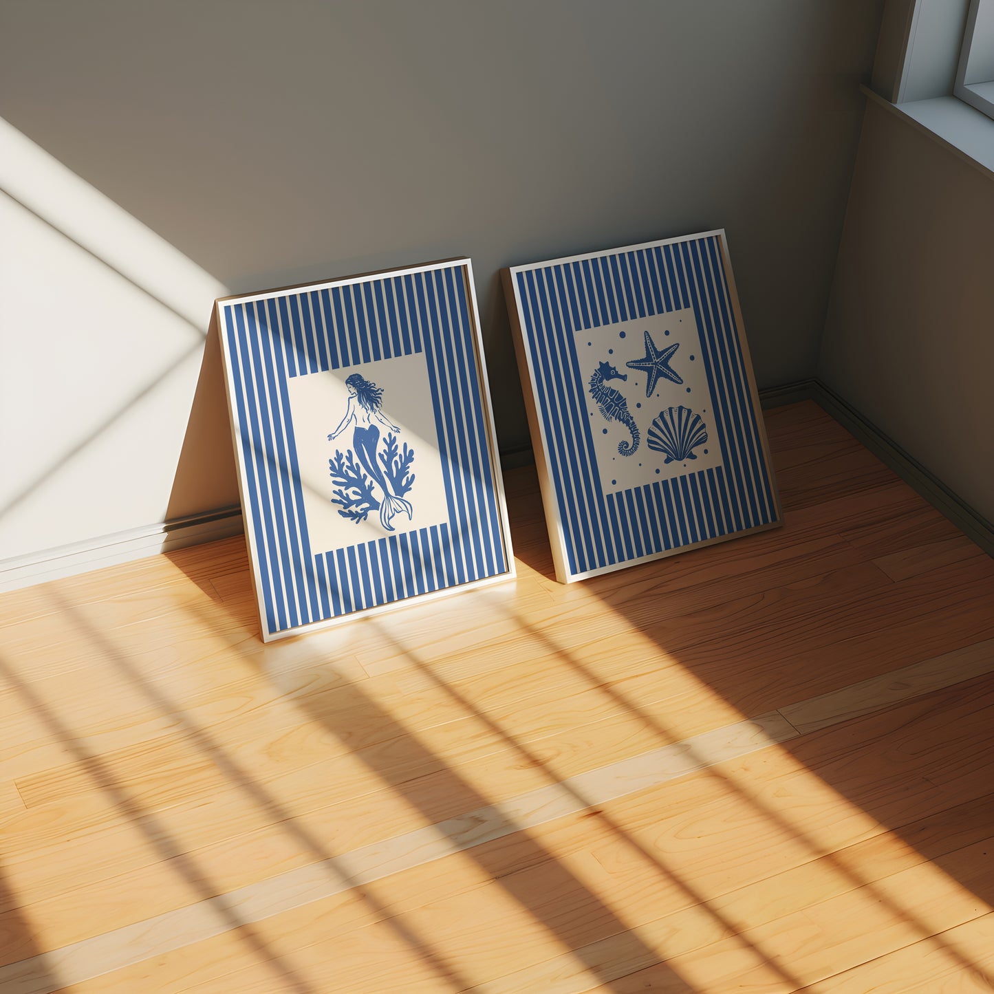 Mermaid & Seashells Coastal Blue Striped Set Of 2 - Digital Print