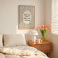 Vertical print with the quote "May you never lose your whimsy." in italic serif type inside a scalloped oval frame, surrounded by thin navy pinstripes decorated with small hand-drawn bows on a cream background.
