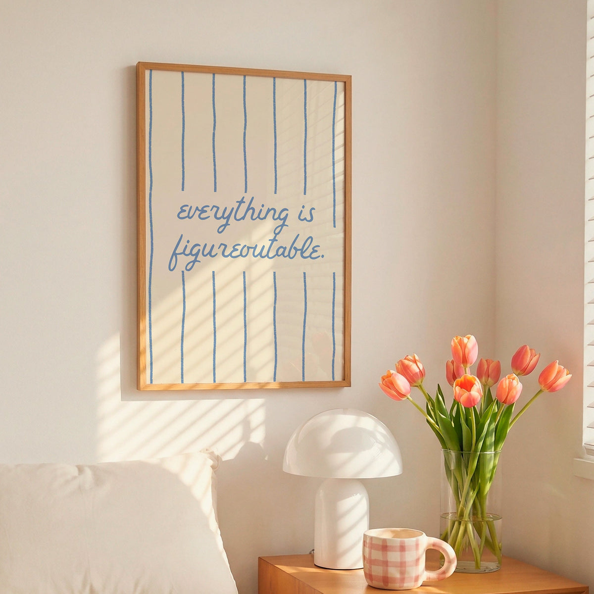 Square digital print with a cream background and blue vertical stripes, featuring the phrase "everything is figureoutable." in blue script centered on the design.