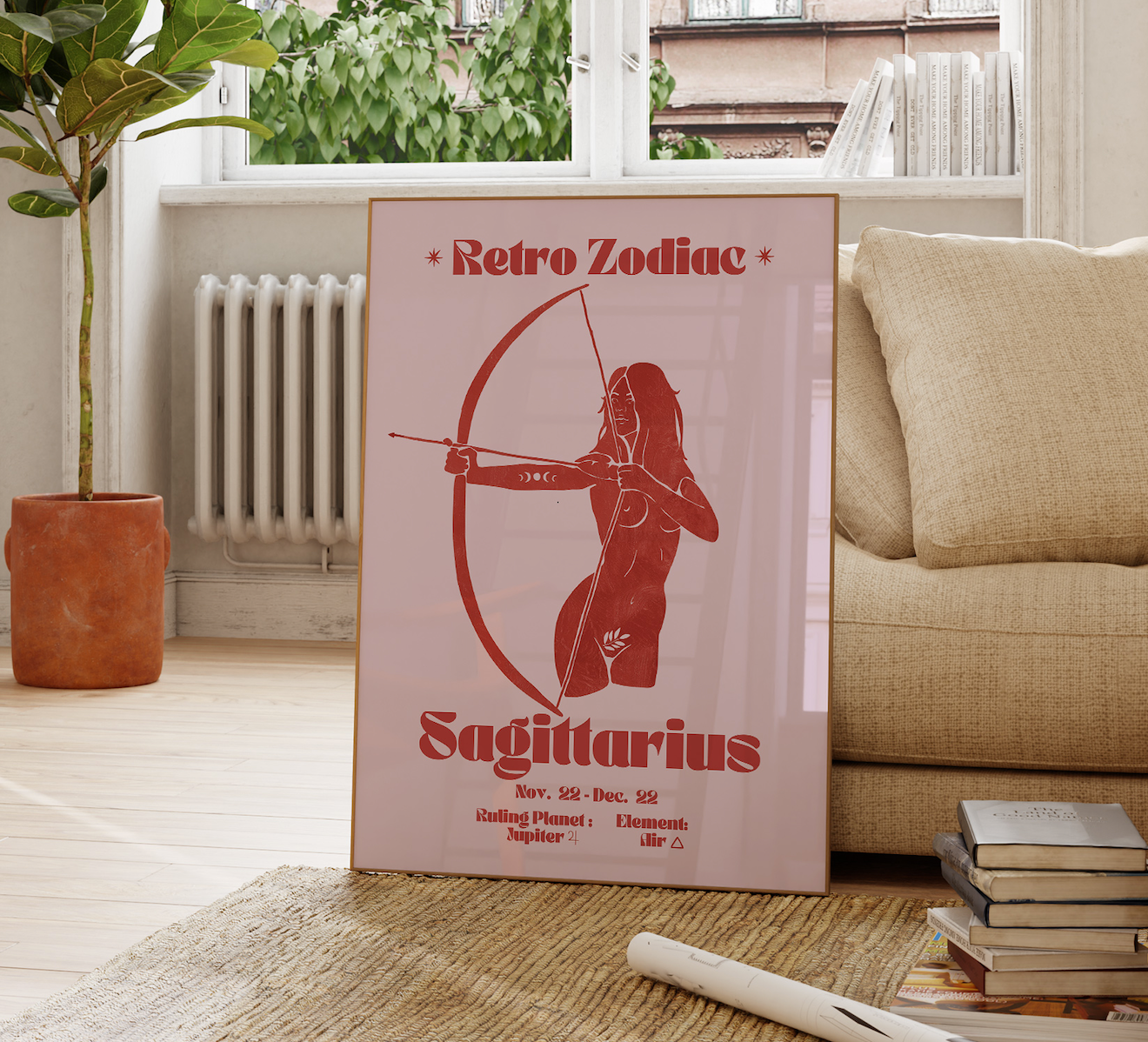 Retro Zodiac Sagittarius Goddess Wall Art Print, Sun Sign Art