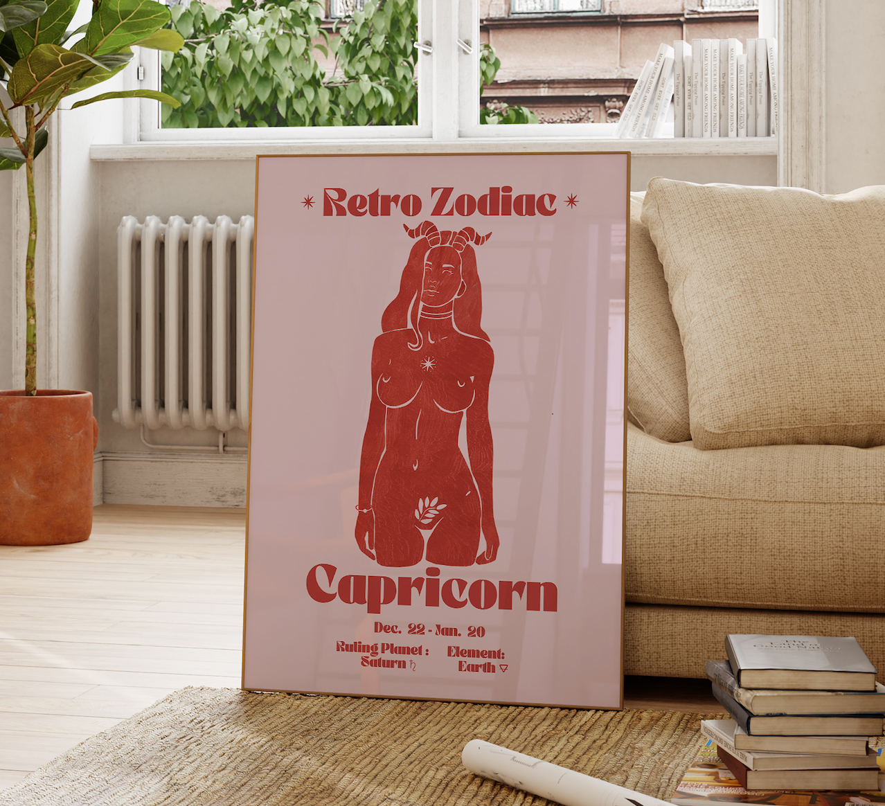 Retro Zodiac Capricorn Goddess Wall Art Print, Sun Sign Art