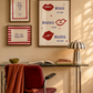 Set of three prints featuring "How lucky are we" with a horseshoe, "This is my happy place" in red stripes, and "Besos, Bisous, Beijos" with illustrated lips