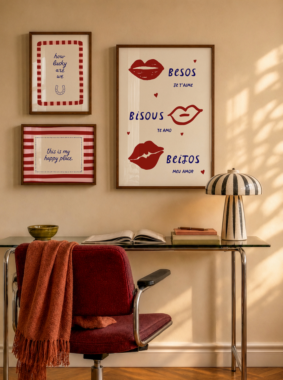 Set of three prints featuring "How lucky are we" with a horseshoe, "This is my happy place" in red stripes, and "Besos, Bisous, Beijos" with illustrated lips