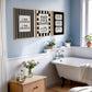 Set of 3 black and white bathroom prints: "Wash your hands ya filthy animal" in black cursive bordered by a black and white checkered frame, three black ticket-stub illustrations reading "Splish Splash, Admit One," and "I See London I See France" in a scalloped stamp frame on black and white stripes.