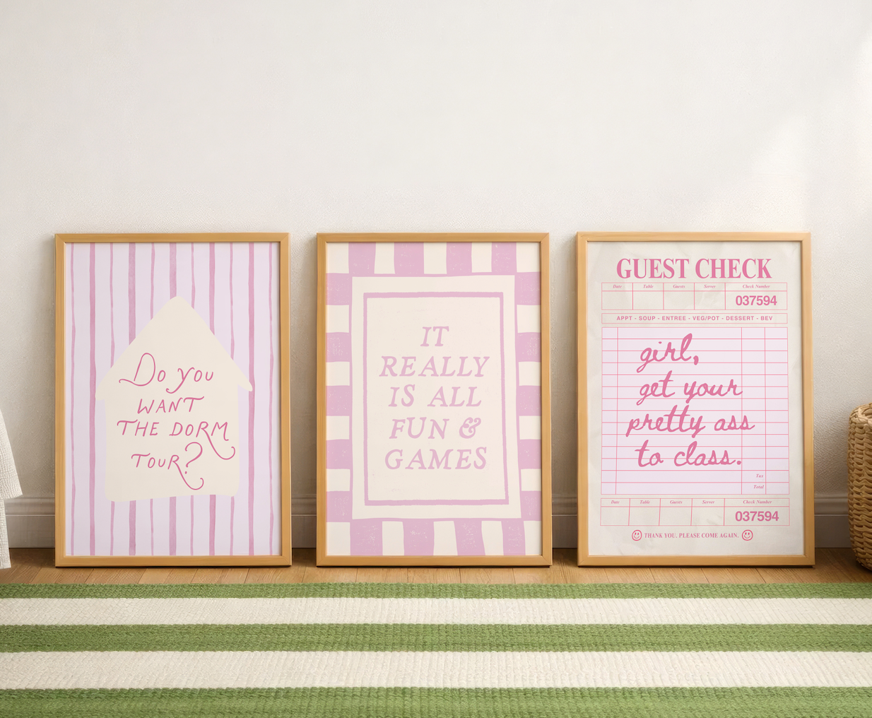 Pink Dorm Art Set of 3 - Trendy Gallery Wall Prints - Digital Print