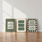 Set of 3 green bathroom prints: "Wash your hands ya filthy animal" in green cursive bordered by a green and cream checkered frame, three green ticket-stub illustrations reading "Splish Splash, Admit One," and "I See London I See France" in a scalloped stamp frame on green and cream stripes.