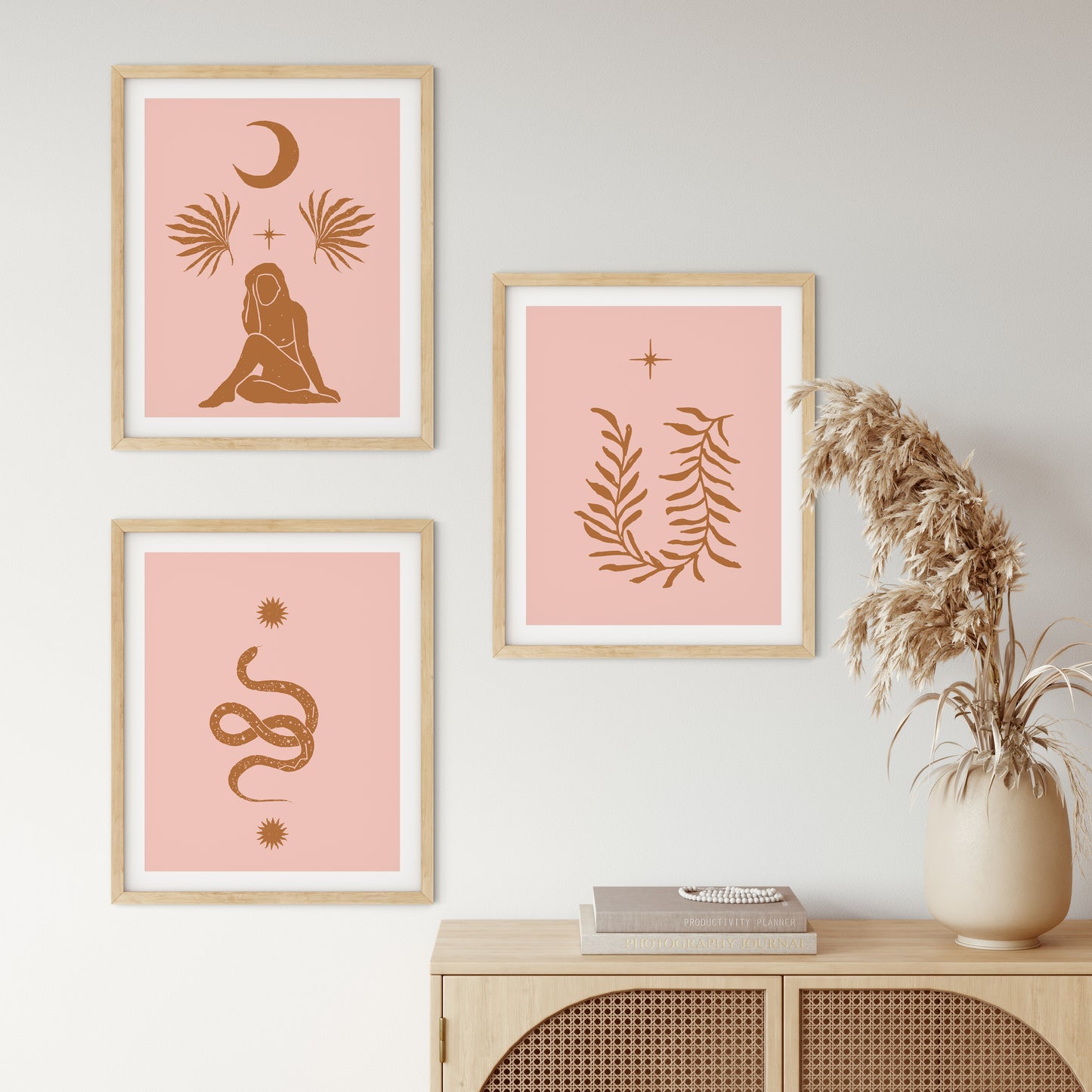 Brown & Pink Minimalist Retro Boho Art Set of 3, Celestial Retro Art Prints