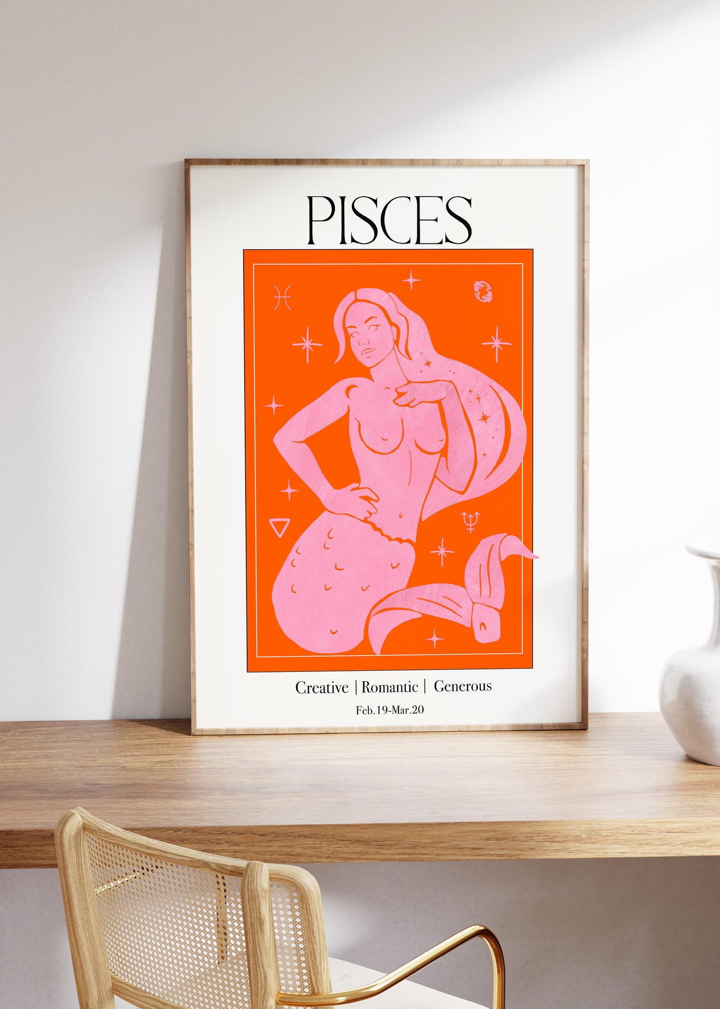 Retro Pisces Zodiac Goddess Art Print, Boho Pisces Wall Art