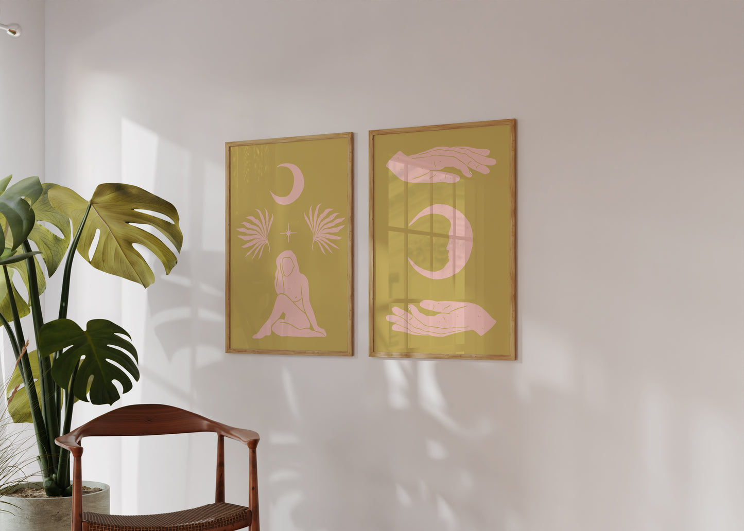 Green & Pink Minimalist Retro Boho Art Set of 3, Celestial Retro Art Prints