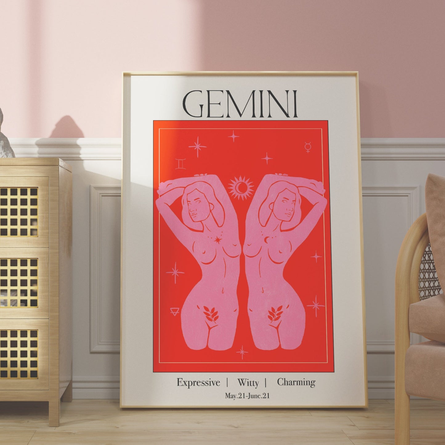 Retro Gemini Zodiac Goddess Art Print, Boho Gemini Wall Art
