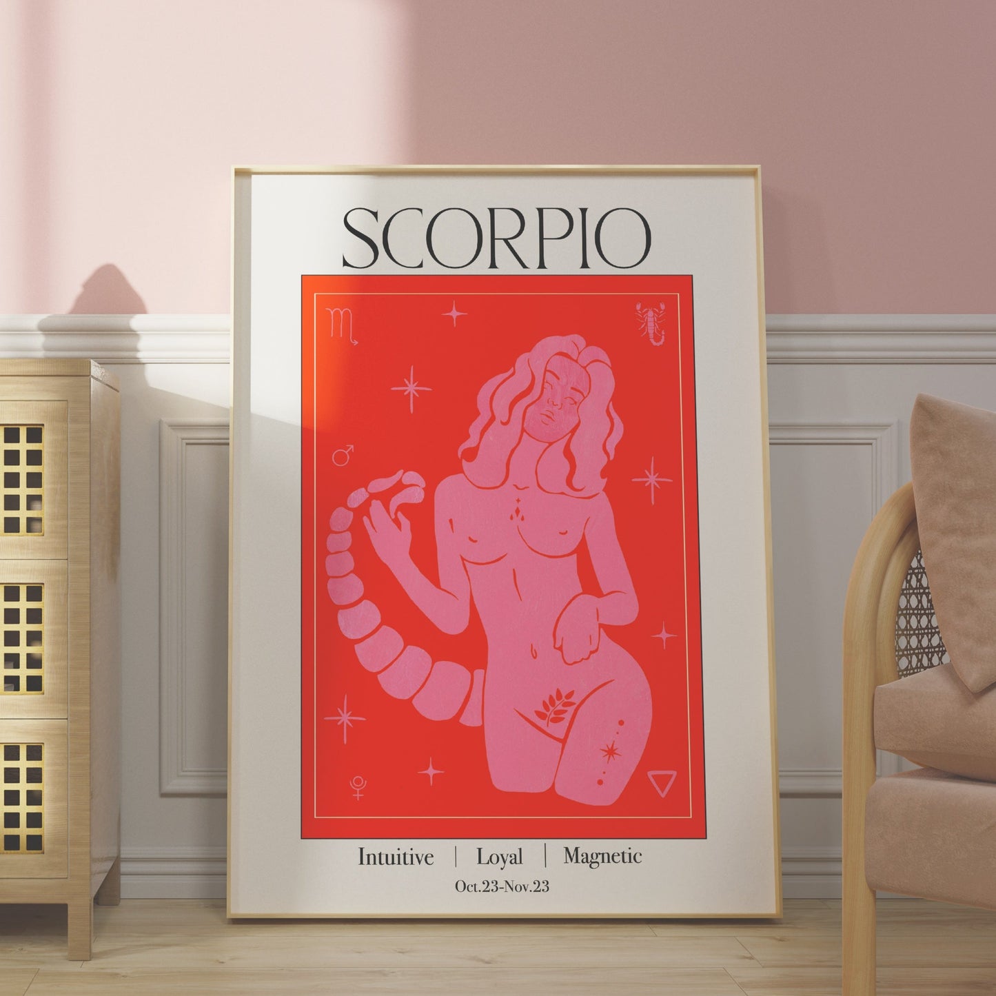 Retro Scorpio Zodiac Goddess Art Print, Boho Scorpio Wall Art