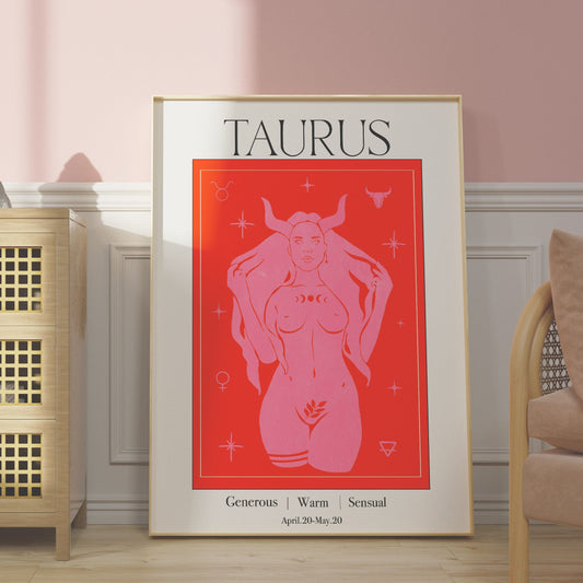 Retro Taurus Zodiac Goddess Art Print, Boho Taurus Wall Art