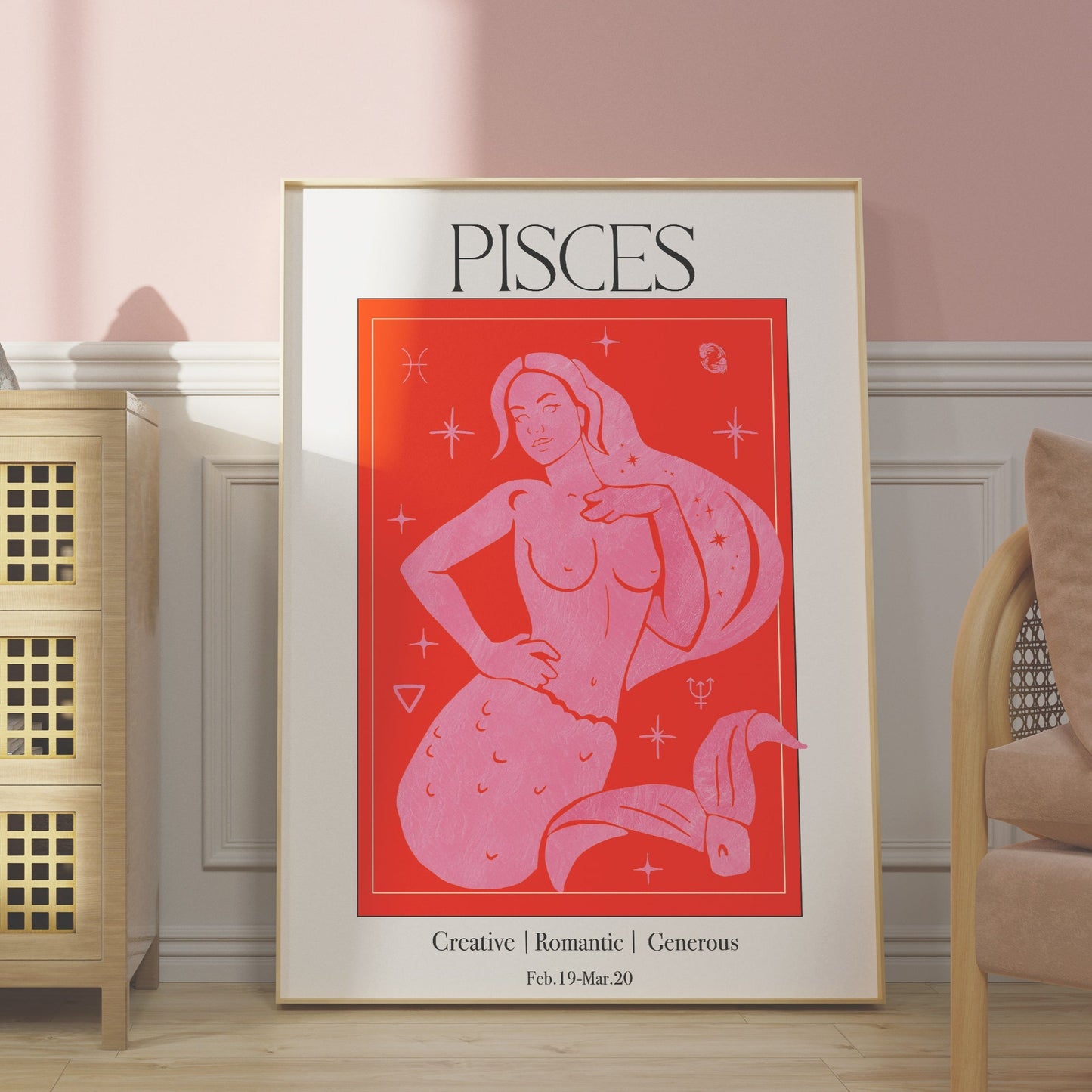 Retro Pisces Zodiac Goddess Art Print, Boho Pisces Wall Art