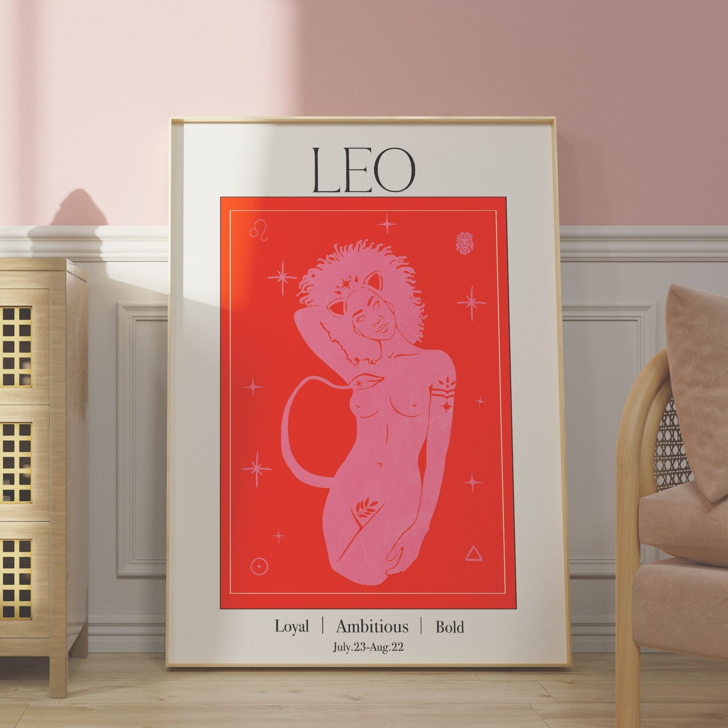 Retro Leo Zodiac Goddess Art Print, Boho Leo Wall Art