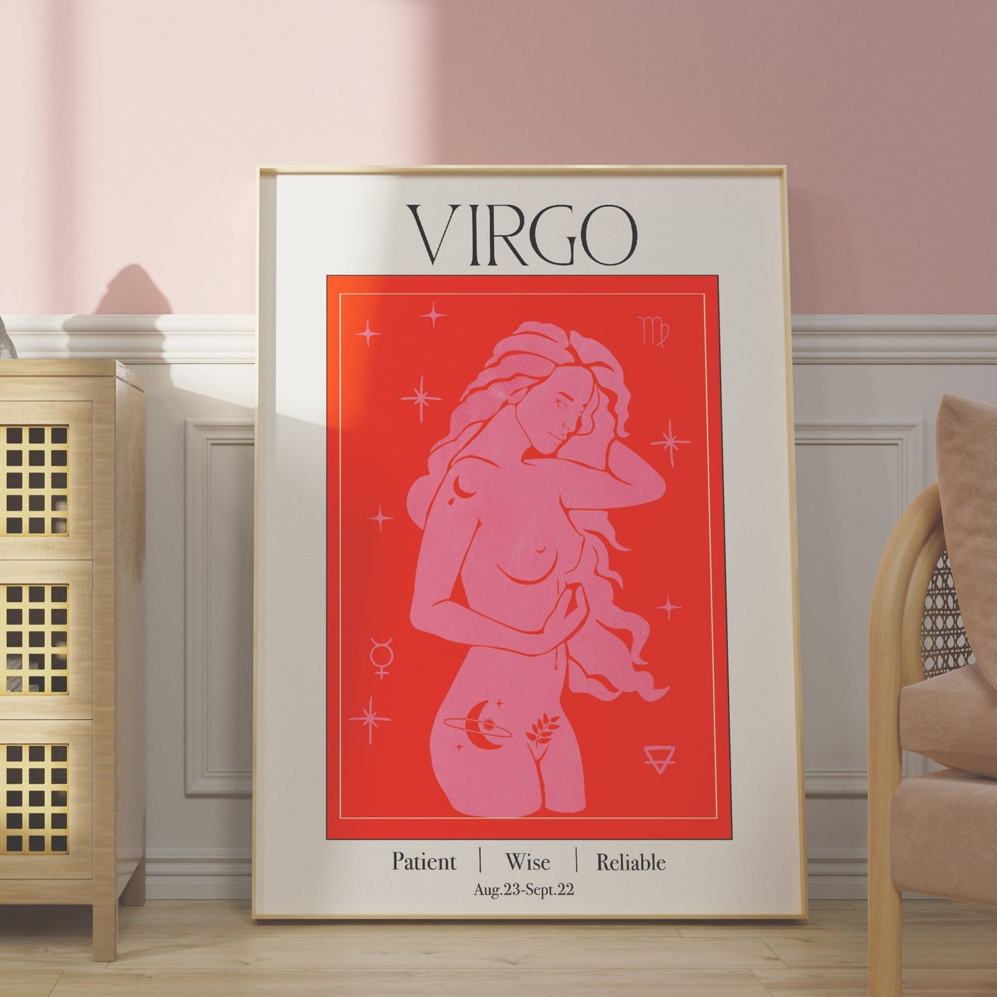 Retro Virgo Zodiac Goddess Art Print, Boho Virgo Wall Art