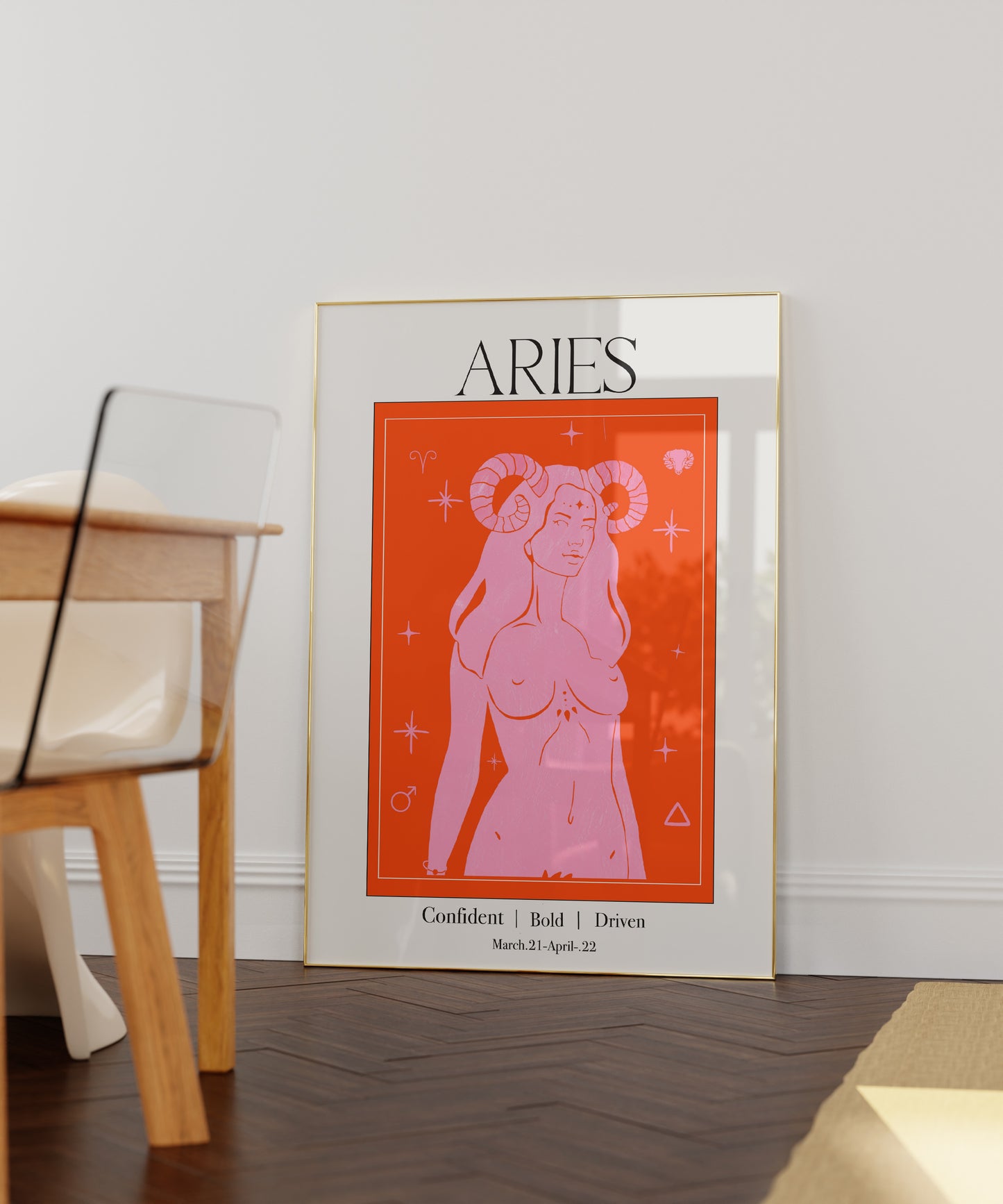 Retro Aries Zodiac Goddess Art Print, Boho Aries Wall Art