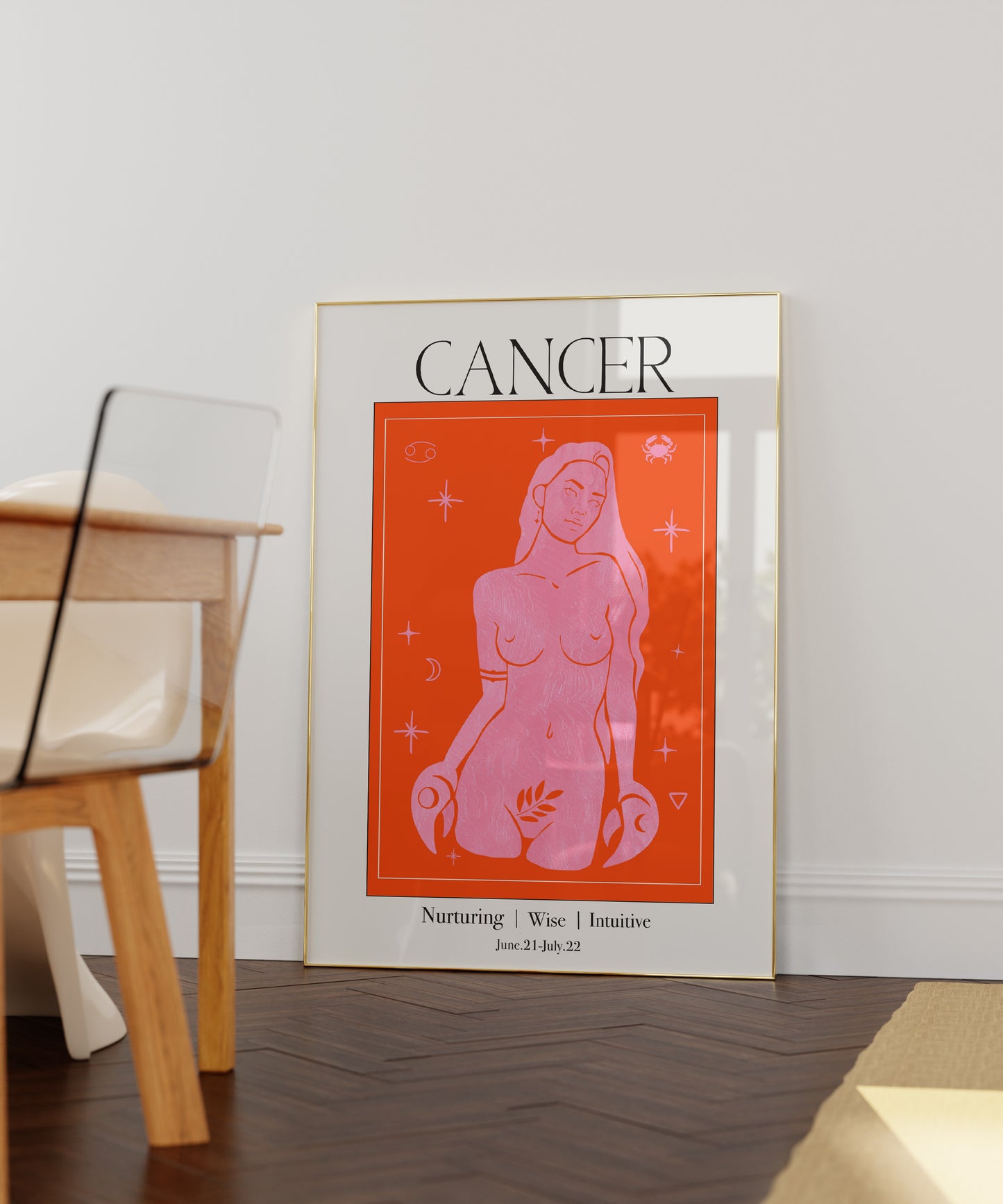 Retro Cancer Zodiac Goddess Art Print, Boho Cancer Wall Art