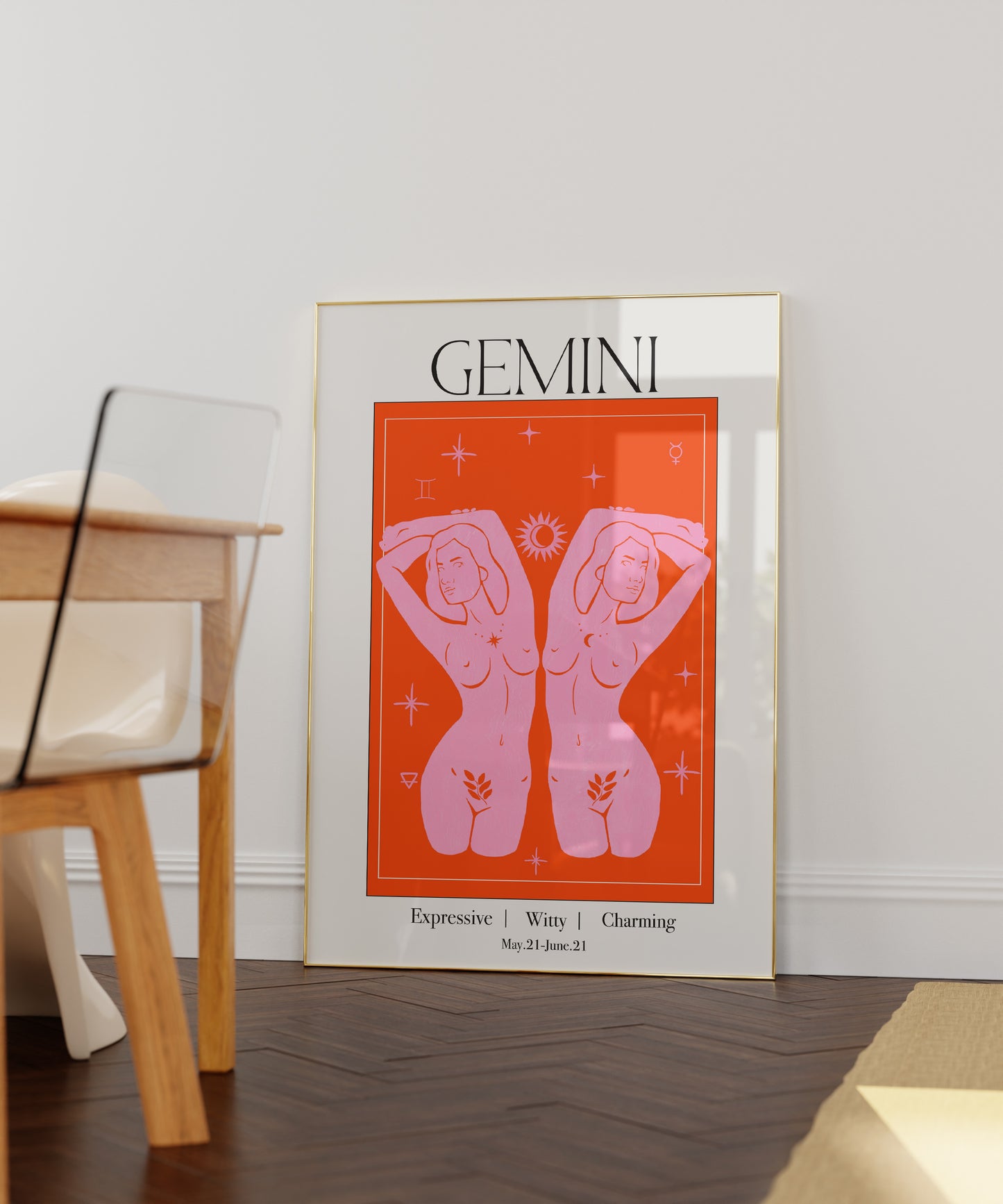 Retro Gemini Zodiac Goddess Art Print, Boho Gemini Wall Art