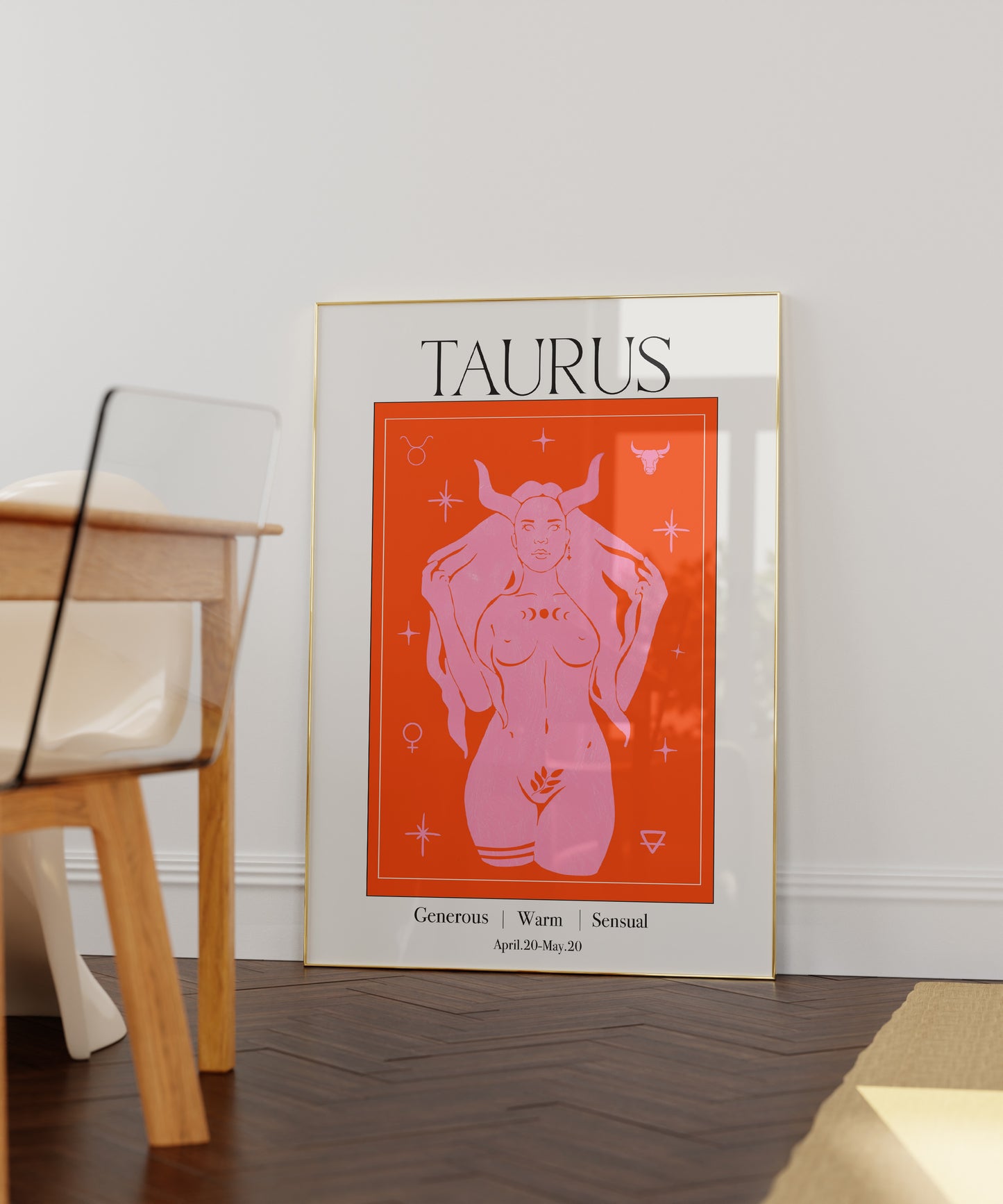 Retro Taurus Zodiac Goddess Art Print, Boho Taurus Wall Art