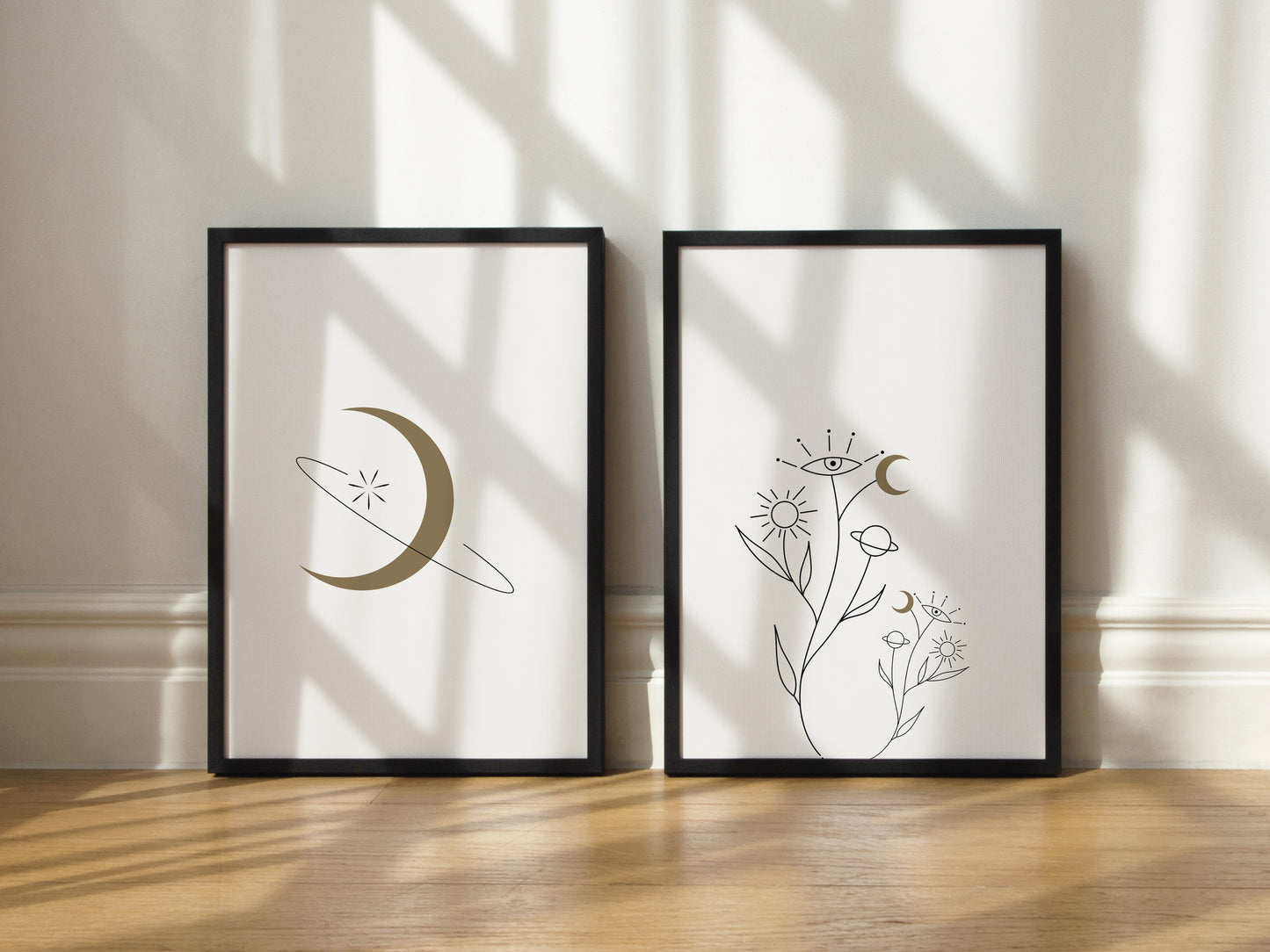 Cosmic Moon & Flowers Wall Art Print Set Of 2