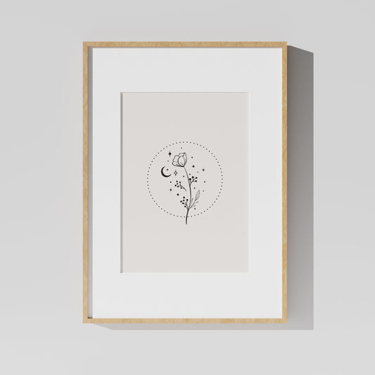 Minimalist Line Art Floral Moon Circle Print