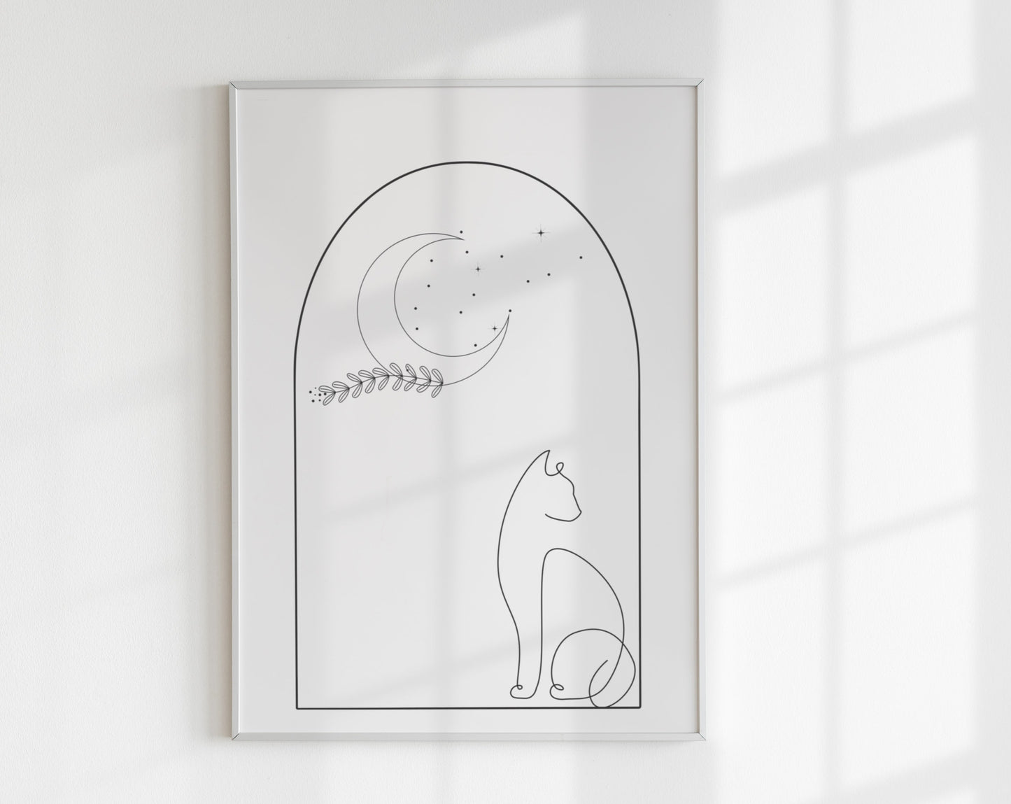 Minimalist Line Art Cat & Moon Wall Art Print